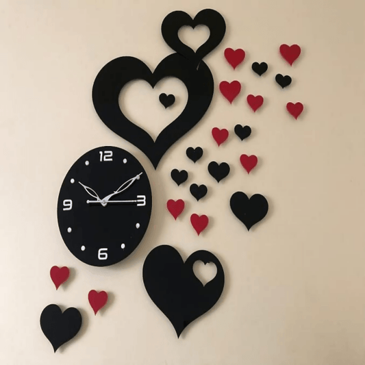 Heart Dil Dil Wooden Wall Clock Style Red and Black Heart Style Laser Cut Big and Small Dil Mix