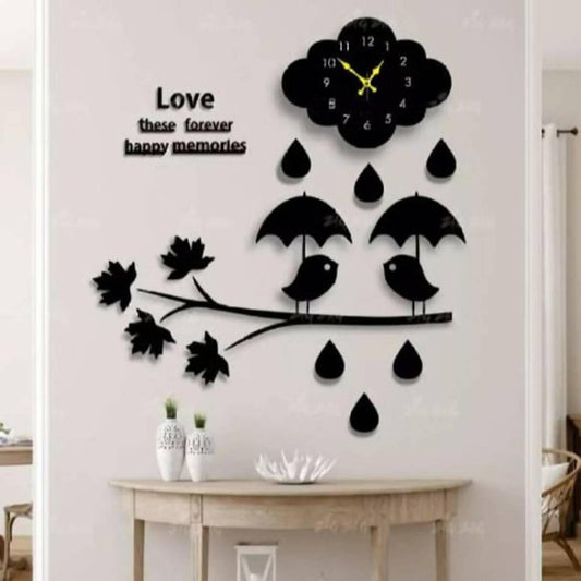 Love Birds With Umbrella Standing on Tree Branch Cloud Raining Wall Clock