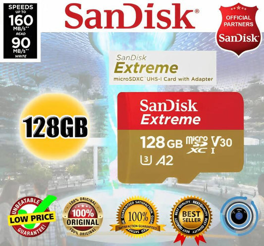 128gb SanDisk Extreme microSDXC UHS-I CARD 160mbps Read, 90mbps Write, 4K UHD U3 A2 SDSQXA1-128G-GN6MA