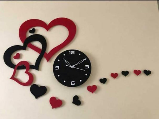 Heart Dil Dil Wooden Wall Clock Style Red and Black Heart Style Laser Cut Big and Small Dil Mix