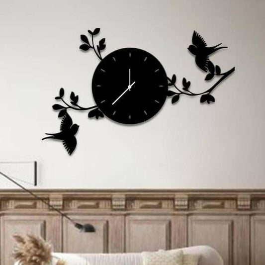 Birds With the Branches Wall Clock - 3d Laser Cut - Black Dail With Birds