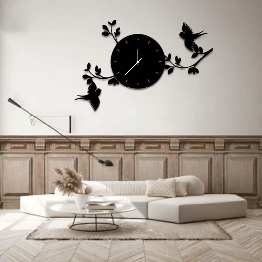 Birds With the Branches Wall Clock - 3d Laser Cut - Black Dail With Birds
