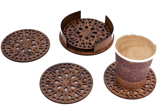 Beautiful Textured Laser Cut Tea Coffee and Glass Coaster / Mat Set for Kitchen Home and Office - Wooden Coaster