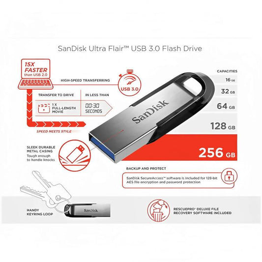 256GB 3.0 Sandisk Ultra Flair USB Flash Drive - Silver and Black