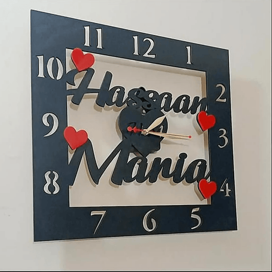 Personalized Couple Name Wooden Wall Clock - 3D Design Wooden Wall Clock, Self Adhesive 16 Inches