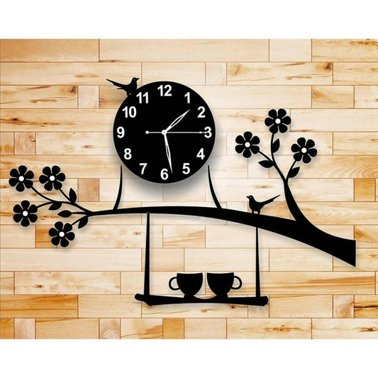 Birds on Tree With Coffee Cup Wooden Wall Clock Stylish Design