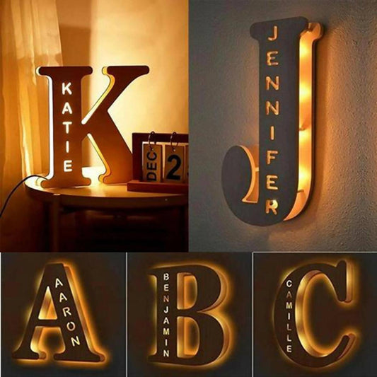 Personalized LED Wall Lamp 26 A-Z Letters Alphabet with Custom Name Wood Nightlights Customized Decorative Lamp