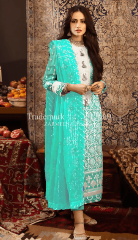 3pc Embroidered lawn shirt Chiffon Dupatta Dyed Trouser Light Green Colour - ValueBox