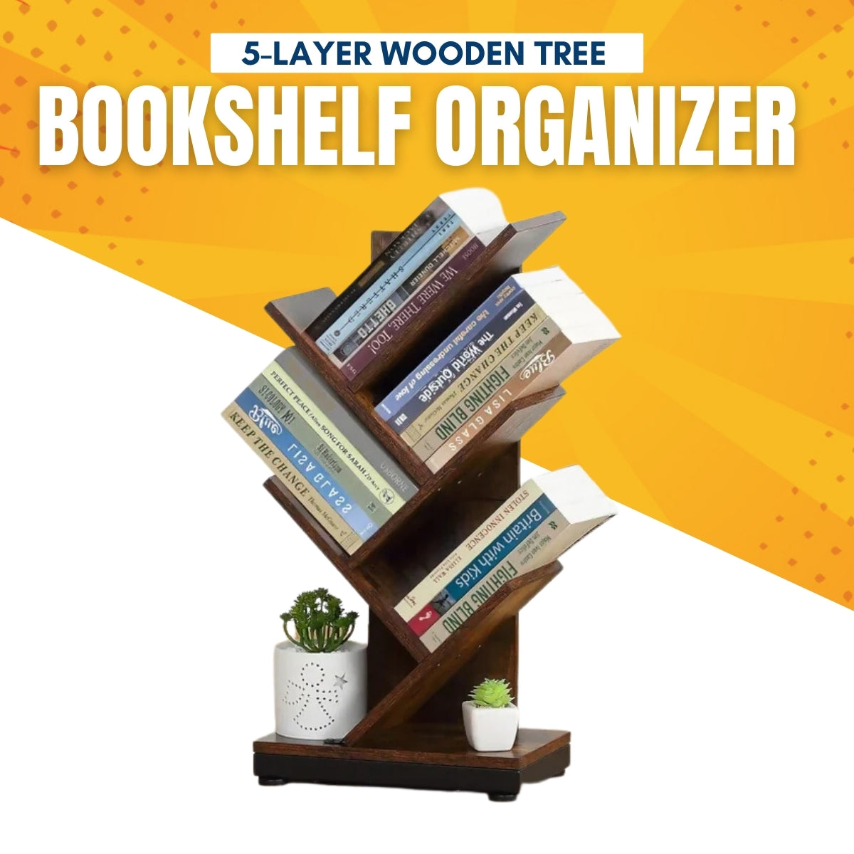 5-Layer Wooden Tree Bookshelf Organizer | Modern Office & Desktop Storage