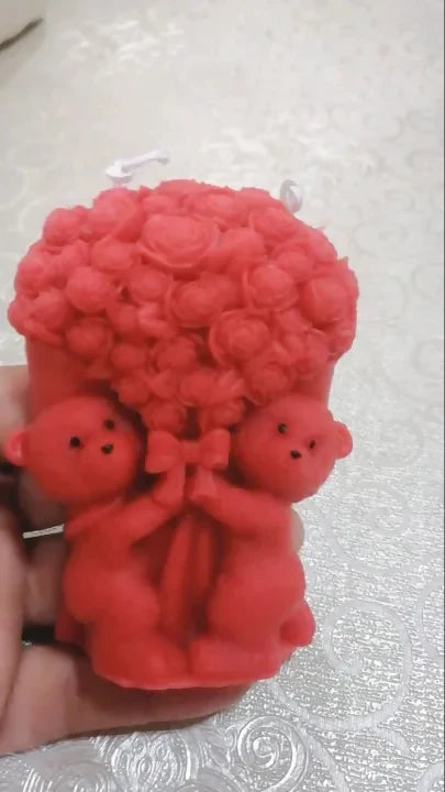 One 3D Simulation Scented Bears Candle With huge Rose flowers Bouquet in hands - Valentine's special gift: Make your loved ones Surprised