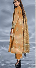 Gold Printed lawn shirt Voil Dupatta Dyed lawn Trouser Lighter Yellow