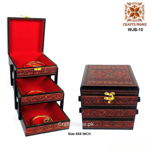 Lacquer Art Jewelry Box Red Square 3 Portion