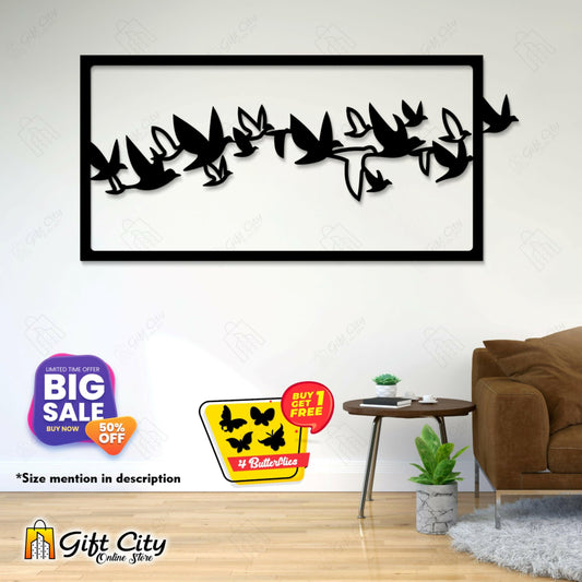 badgeFree 4 Butterflies + Flying Lot of Birds Decorative Wooden Wall Panels / Frames for Home and Office- Gift City
