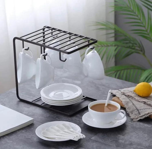 Home And Lifestyle 6 Hooks Iron Coffee Rack Organizer In Black, Metal Drying Dishrack Cup And Plate Holder for Home And Kitchen Accessories