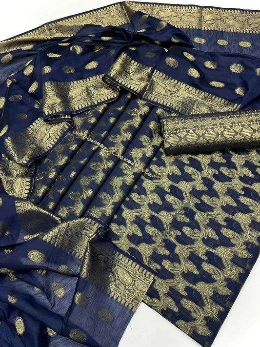 Unstitched Dark Cotton Jacquard 3-Piece Set Featuring Printed Front, Sleeves, Back, Dupatta & Jacquard Trousers - ValueBox