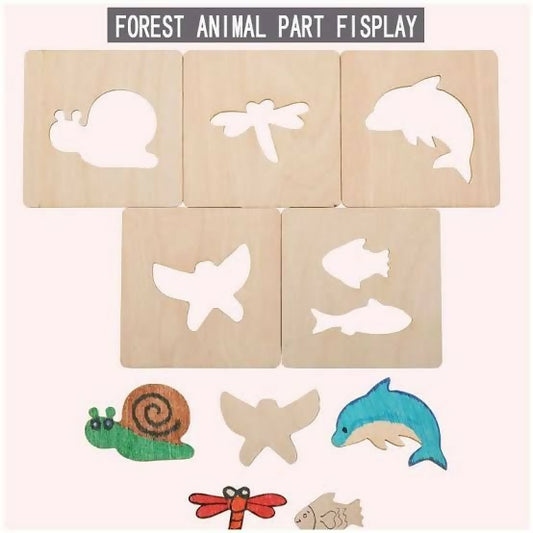 Kids Wooden Drawing Stencils Kit With Puzzle 24 Pes 12 Inner 12 Outer