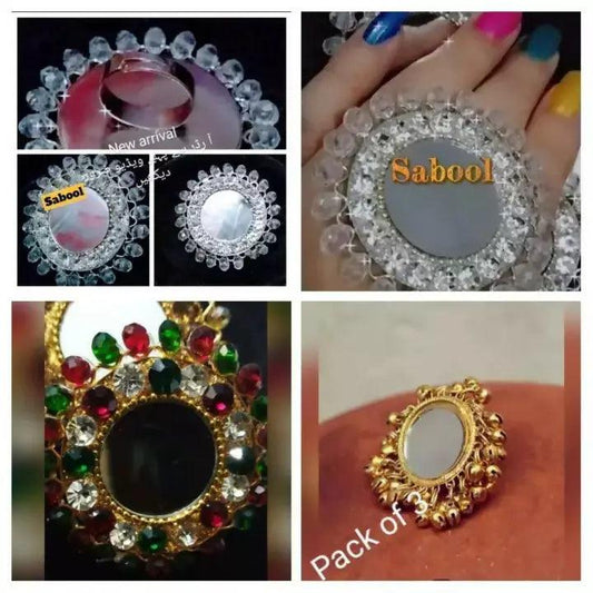 Oxidised Mirror Ghungroo Adjustable Finger Ring for Women & Girls pack of 4 rings on sabool studio