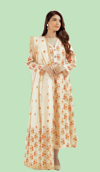 3pc Printed lawn shirt Voil Dupatta Lawn Trouser Cream Colour - ValueBox