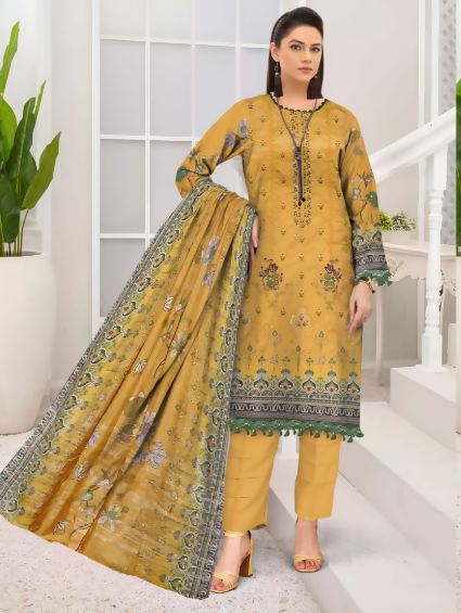 3pc Embroidered Dabi Lawn shirt Voil Dupatta Dyed Trouser Yellow Colour