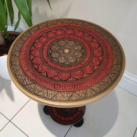 Handcrafted Round Coffee Table – Sheesham Wood with Naqshi Design, Folding