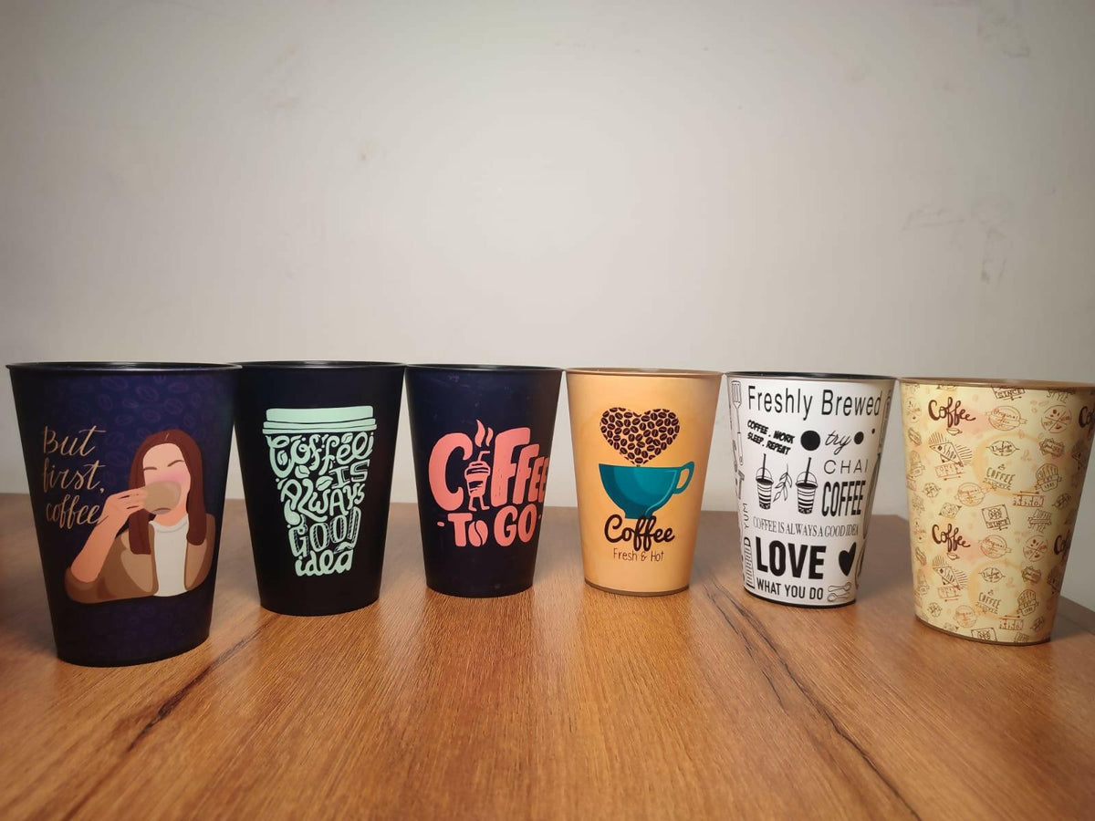 6 Pcs Printed Plastic Coffee Cups 500ml - ValueBox