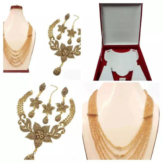 Sabool Studio Bridal Jewellery Set With Multi Layer Mala and Mang Head Chain With Beautiful Velvet Box