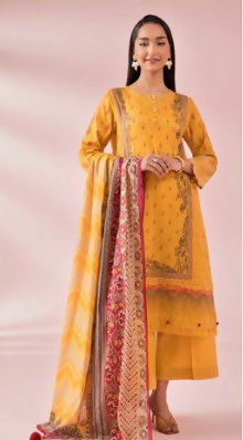 Gold Printed lawn shirt Voil Dupatta lawn Trouser Yellow Colour - ValueBox