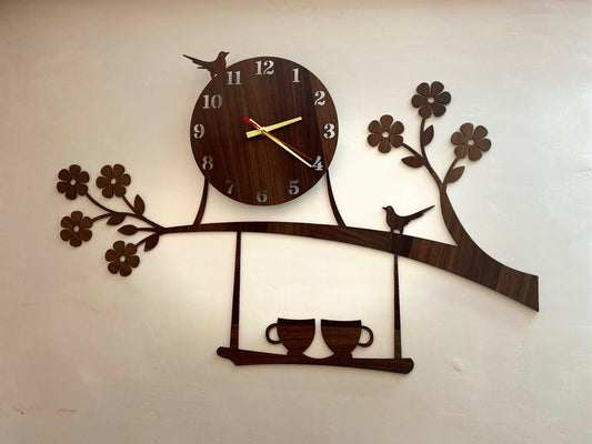 badgeMade by Gift City - Brown Bird on Tree with Coffee Cup Wooden Wall Clock for Home and Offices, 3D Design Self Adhesive