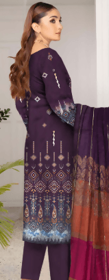 3pc Embroidered Lawn shirt Voil Dupatta Dyed Trouser Purple Colour - ValueBox
