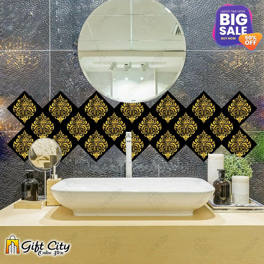badgeGIFT City - Golden Foil Kitchen Tile Stickers Pack of 6 / 12 / 24 / 48 / 102 Pcs 12x12 cm Tiles Stickers for Bathroom Kitchen Stickers Wall Wallpaper Border Decoration