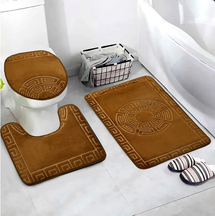 3-PCs-Anti-Skid-Commode-Mat-Set-Brown-Versace-Apricot-2082