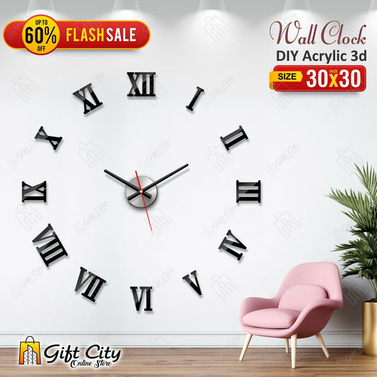 badgeMade by Gift City - Acrylic Roman Letters Wall Clock, Creative Wall clock for Home and Offices, 3D Design Self Adhesive