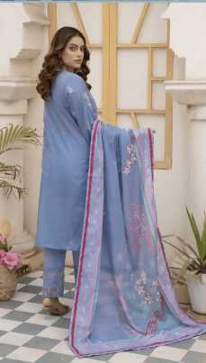 3 pc Printed Embroidered lawn shirt Voil Dupatta Dyed Trouser Light Blue Colour