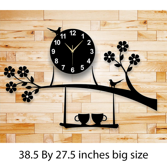 Birds on Tree With Coffee Cup Wooden Wall Clock Stylish Design