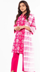 3pc Printed lawn shirt Voil silk Dupatta Dyed Trouser Hot Pink Colour - ValueBox