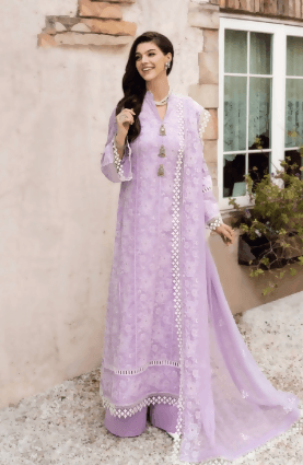 3pc Embroidered lawn shirt Chiffon Dupatta Dyed Trouser Light Purple Colour - ValueBox