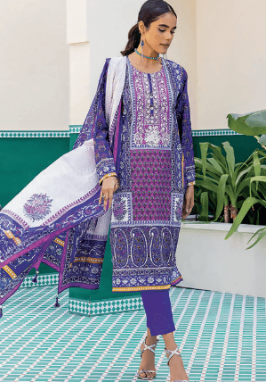 3pc Printed lawn shirt Voil Dupatta lawn Trouser Purple Colour - ValueBox