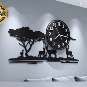 Big Wooden Grazing Deers in Meadows wall clock