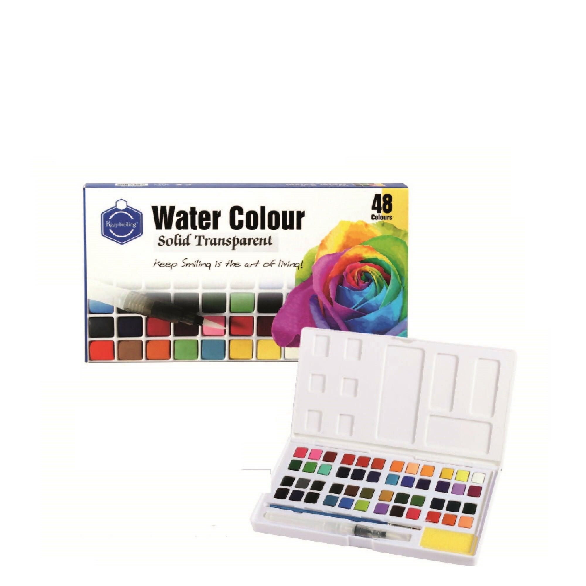 Keep Smiling Aquarelle Solid Transparent Watercolor Paints with Water Brush, Palette and Sponge - ValueBox