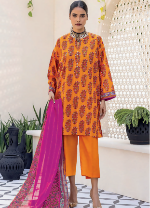 3pc Printed lawn shirt Voil Dupatta Lawn Trouser Orange Colour - ValueBox