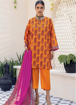 3pc Printed lawn shirt Voil Dupatta Lawn Trouser Orange Colour