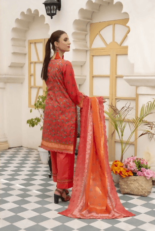 3pc Printed Embroidered lawn shirt Voil Dupatta Dyed Trouser Orange Colour