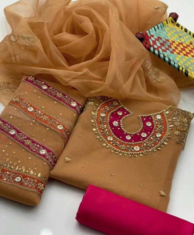 3 PC Handmade Organza Embroidered Shirt & Dupatta With Khatan Trouser