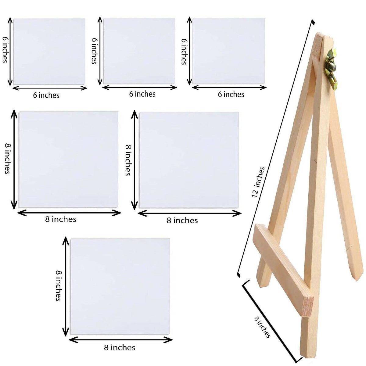 7Pcs Value Pack Primed Coated Canvas Set Included Easel (3*6x6, 3*8x8, 1*Wooden Easel) - ValueBox