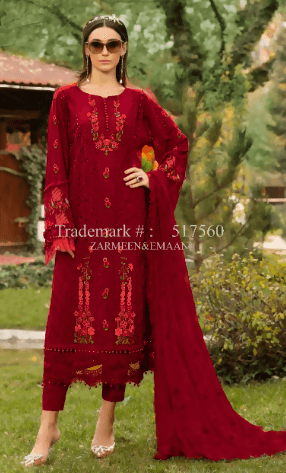 3pc Embroidered lawn shirt Chiffon Dupatta Dyed Trouser Maroon Colour - ValueBox