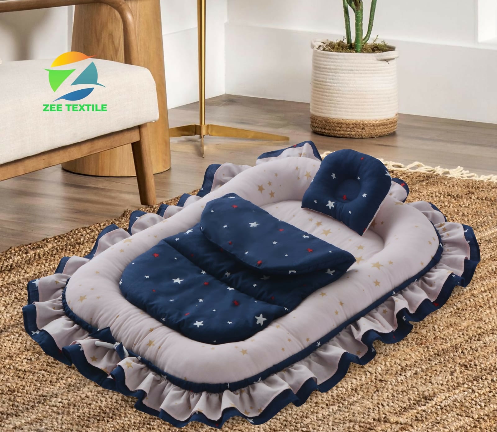 Printed Double Frilly Baby Nest With Comforter And Head Pillow`