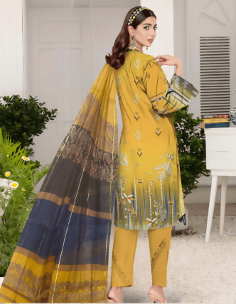 3pc Embroidered Lawn shirt Voil Dupatta Dyed Trouser - ValueBox