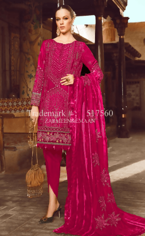 3pc Embroidered lawn shirt Chiffon Dupatta Dyed Trouser Shocking Pink Colour - ValueBox