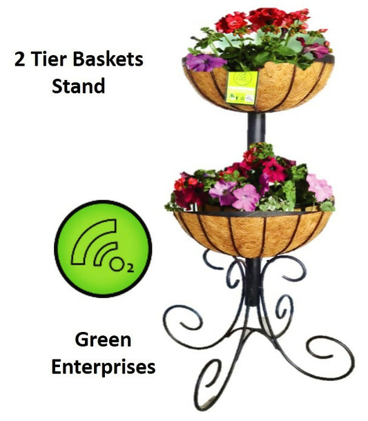 GEP 2 Tier Baskets Metal Stand Coco Liner for Home & Garden Patio Black Color