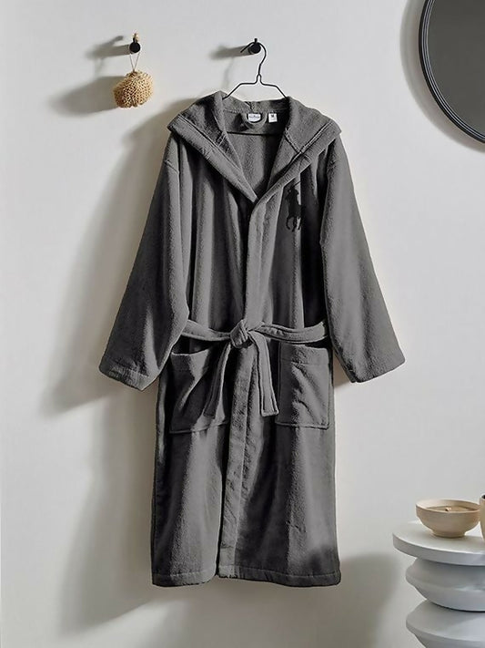 Plain-Terry-Towel-Hooded-Bathrobe-Grey-Color-with-Branded-for-Men-and-Women